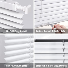 No Drill Cordless Aluminum Mini Blinds 1 Inch Slats